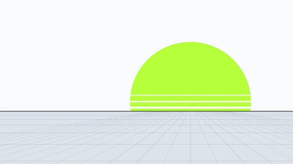 A lime sun setting over a pale grid horizon